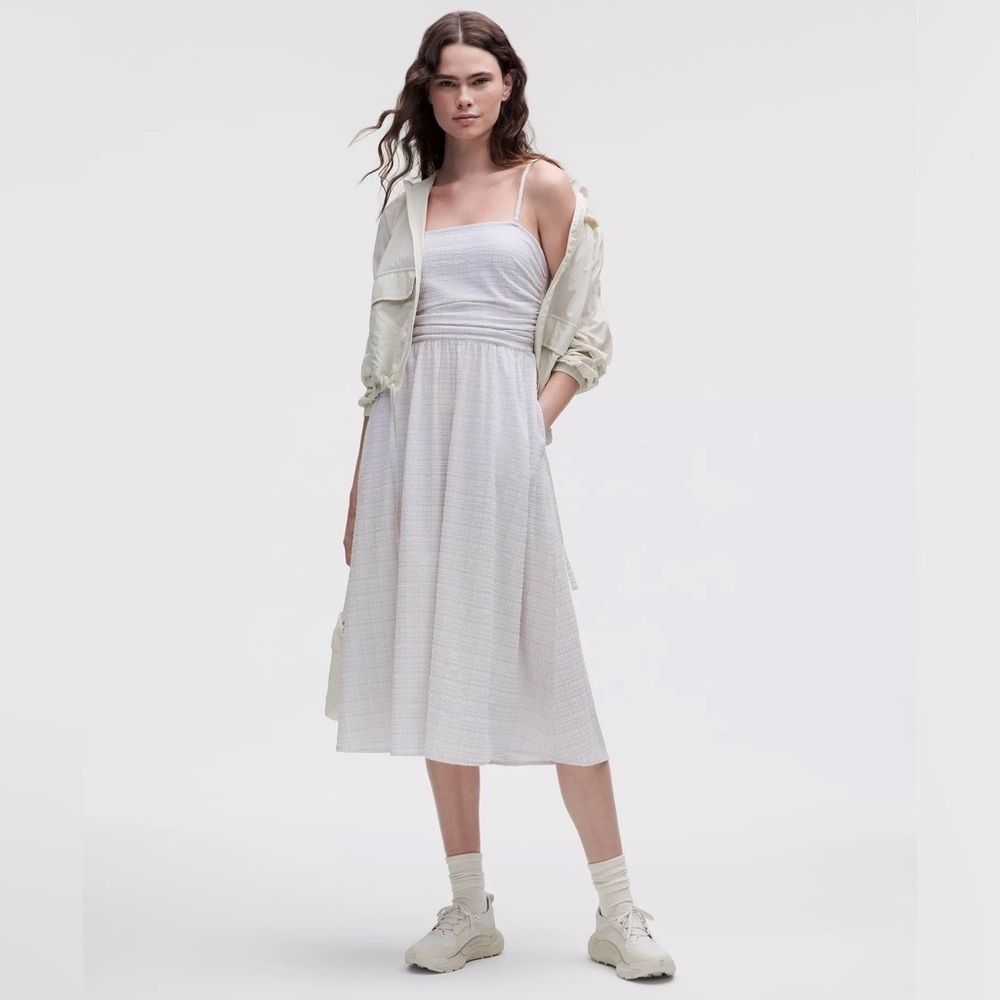 🆕🩷 Lululemon Seersucker Check Ruched MIDI Dress - Blister Check Lavender Frost